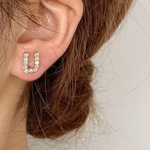 Rhinestone Lettering Ear Stud - U - 1 Pc - Gold / One Size