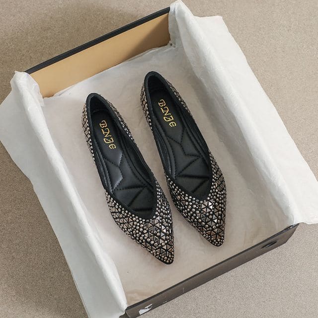 Rhinestone Pointed Flats - Black / 34