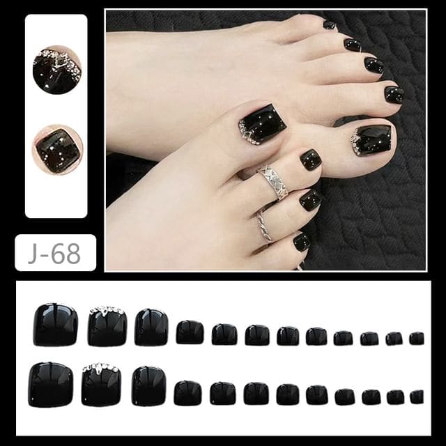 Rhinestone Press On Toenail - J68 - Glue - Black / One Size