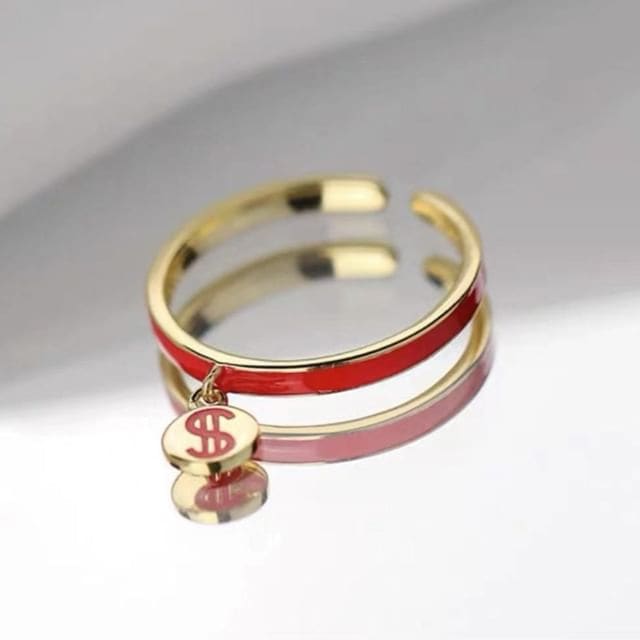 Rhinestone Thin Ring - Dollar Sign - Gold & Red / One Size