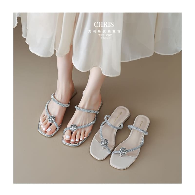 Rhinestone Toe Loop Chunky Heel Slide Sandals – KawaiiMoriStore