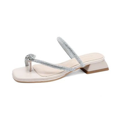 Rhinestone Toe Loop Chunky Heel Slide Sandals - Almond / 35