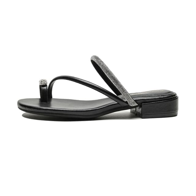 Rhinestone Toe Loop Slide Sandals - Black / 35