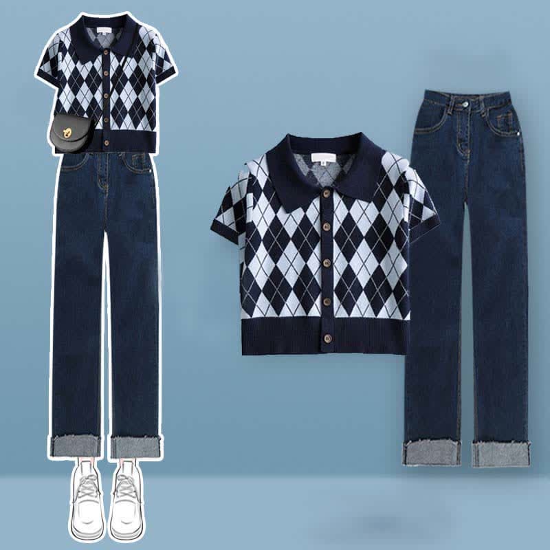 Rhombus Pattern Crop Top T-Shirt Denim Pants Set - Blue Set