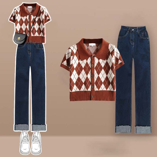 Rhombus Pattern Crop Top T-Shirt Denim Pants Set - Brown