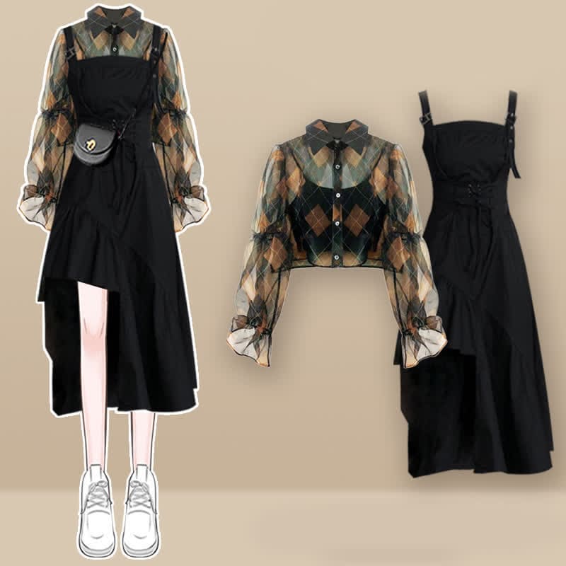 Rhombus Print Lapel Tulle Shirt Fishtail Slip Dress - Set B