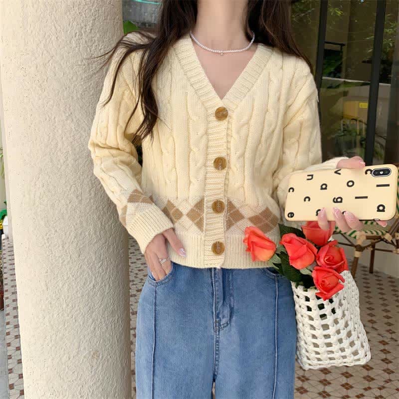 Rhombus Print Sweater Lapel Shirt Denim Pants Set