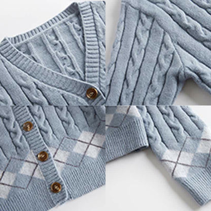 Rhombus Print Sweater Lapel Shirt Denim Pants Set