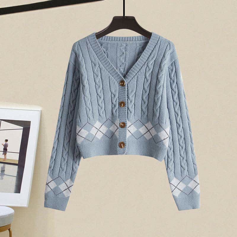 Rhombus Print Sweater Lapel Shirt Denim Pants Set - Blue