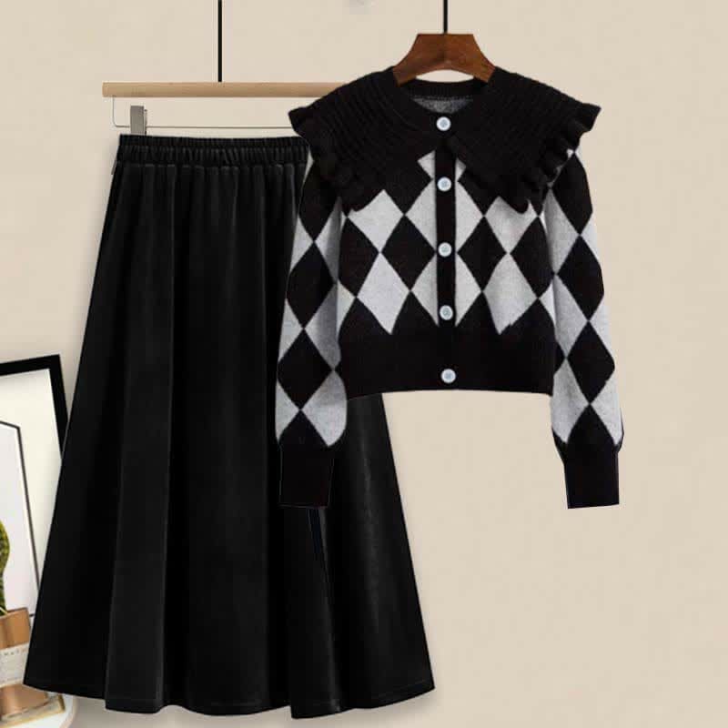 Rhombus Print Sweater Slip Dress Skirt Pants Set - Sweater