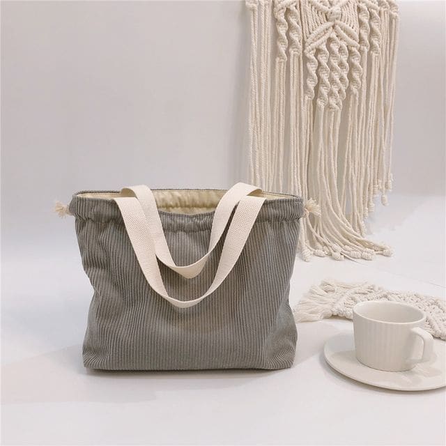 Ribbed Drawstring Lunch Bag - Light Gray / One Size