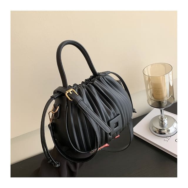 Ribbed Faux Leather Bucket Bag - Black / One Size