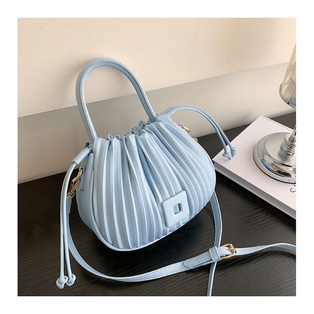 Ribbed Faux Leather Bucket Bag - Blue / One Size