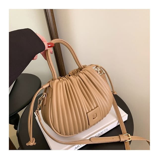 Ribbed Faux Leather Bucket Bag - Khaki / One Size