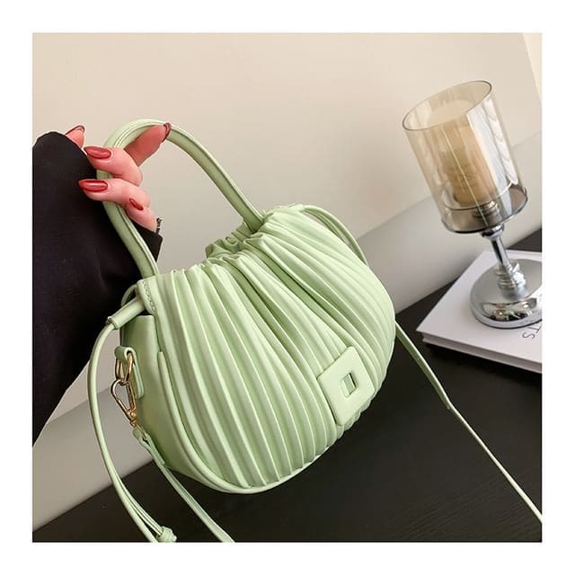 Ribbed Faux Leather Bucket Bag - Light Green / One Size