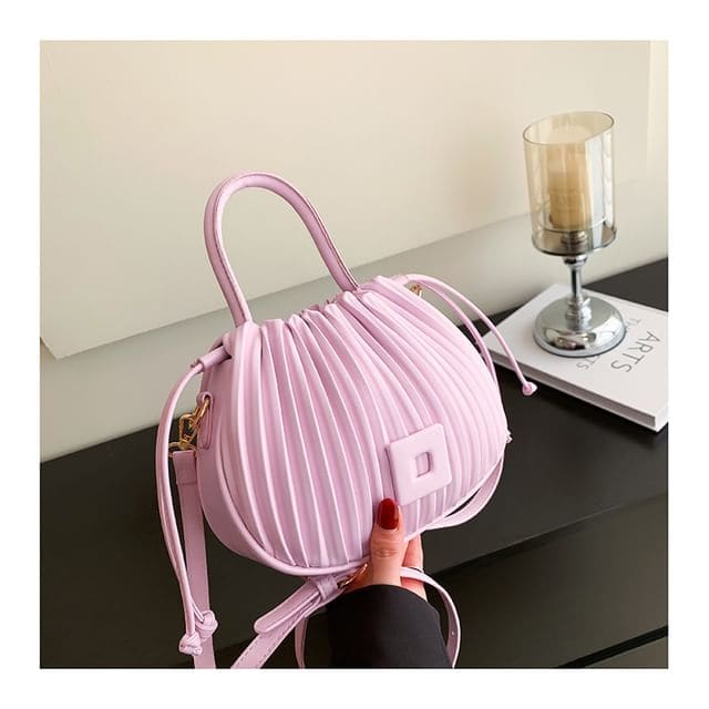 Ribbed Faux Leather Bucket Bag - Pink / One Size