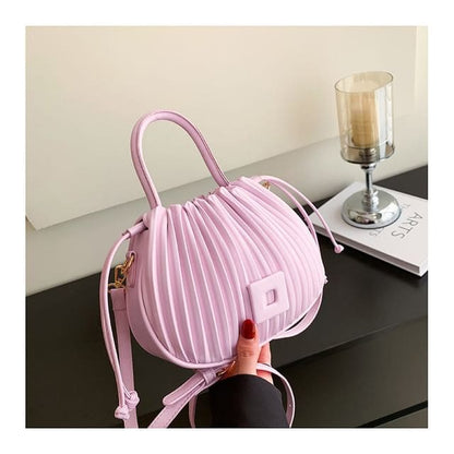 Ribbed Faux Leather Bucket Bag - Pink / One Size