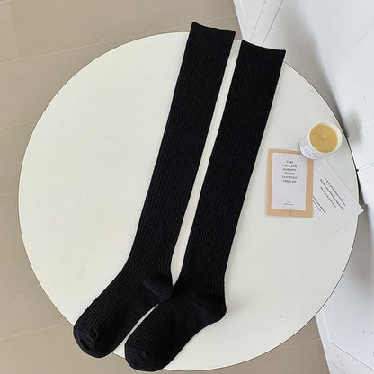 Ribbed Over-the-Knee Socks / Set - 1 Pair - Black / One Size