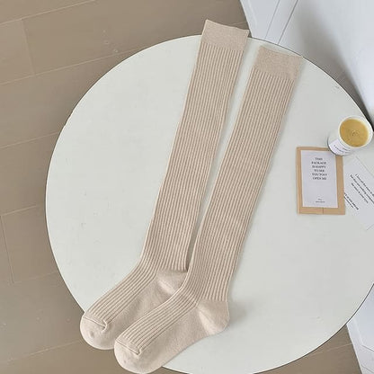 Ribbed Over-the-Knee Socks / Set - 1 Pair - Khaki / One Size