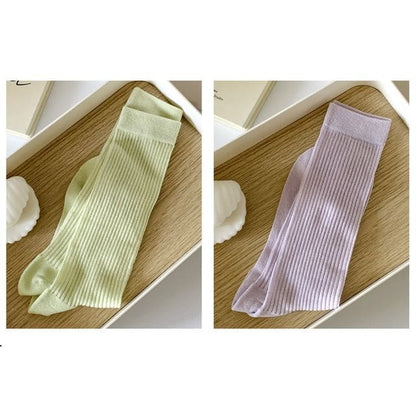 Ribbed Plain Socks - Set Of 2 Pairs - Green & Purple