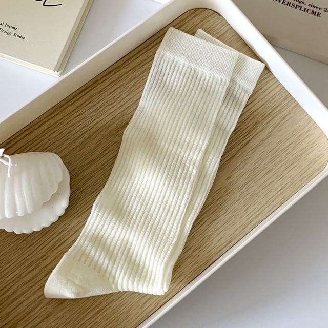 Ribbed Plain Socks - Set Of 2 Pairs - White / One Size