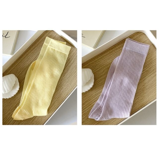 Ribbed Plain Socks - Set Of 2 Pairs - Yellow & Purple