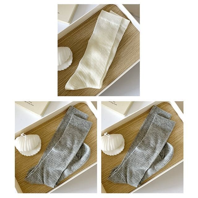 Ribbed Plain Socks - Set Of 3 Pairs - 1 Pair - White & 2