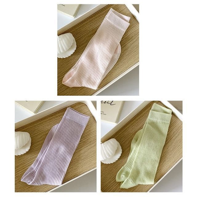 Ribbed Plain Socks - Set Of 3 Pairs - Pink & Purple & Green