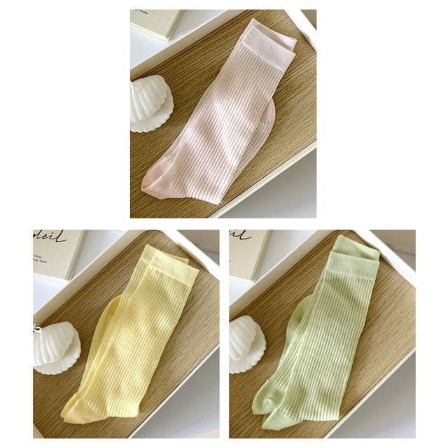 Ribbed Plain Socks - Set Of 3 Pairs - Pink & Yellow & Green