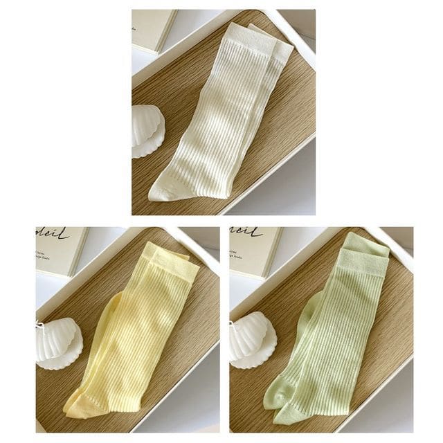 Ribbed Plain Socks - Set Of 3 Pairs - White & Yellow &