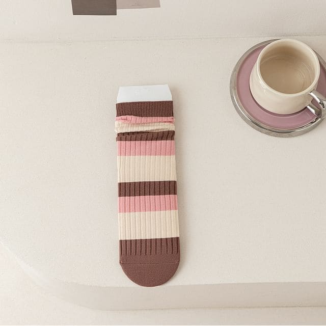 Ribbed Socks - 01 - Pink & Brown & Beige / One Size