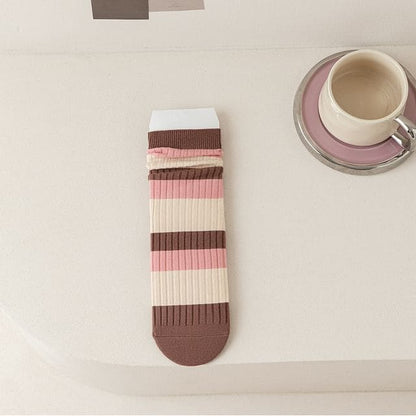 Ribbed Socks - 01 - Pink & Brown & Beige / One Size