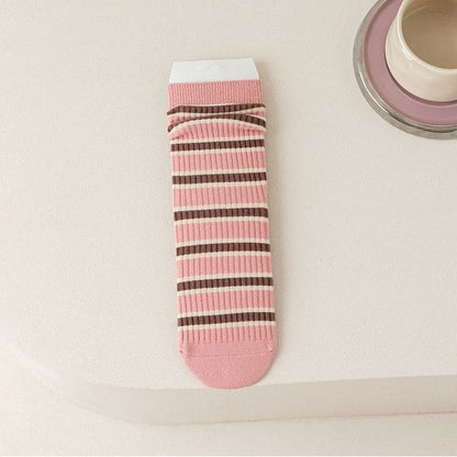 Ribbed Socks - 02 - Pink & Brown & Beige / One Size