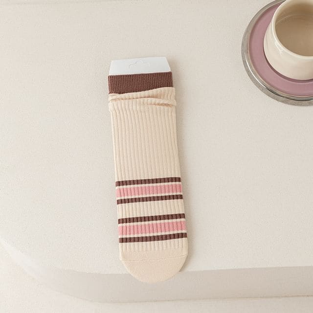 Ribbed Socks - 04 - Pink & Brown & Beige / One Size