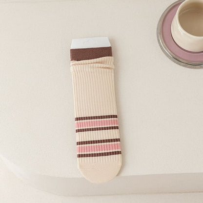 Ribbed Socks - 04 - Pink & Brown & Beige / One Size