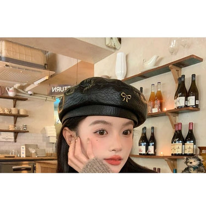 Ribbon Accent Faux Leather Beret