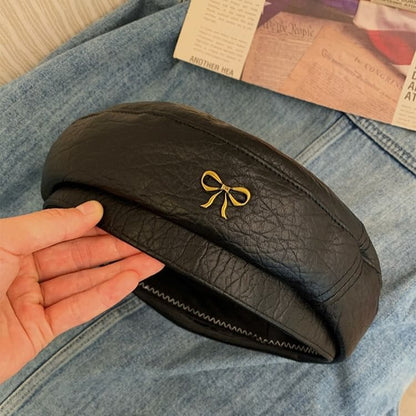 Ribbon Accent Faux Leather Beret