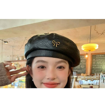 Ribbon Accent Faux Leather Beret