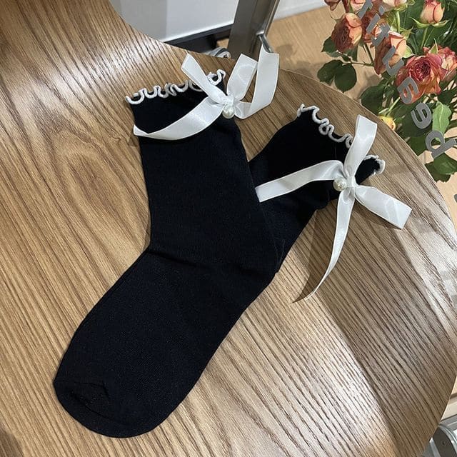 Ribbon Accent Frill Trim Socks - Black / One SIze