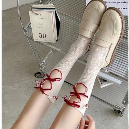 Ribbon Cutout Lace Socks - Red Bow - White / One Size