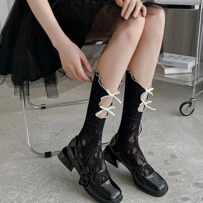 Ribbon Cutout Lace Socks - White Bow - Black / One Size