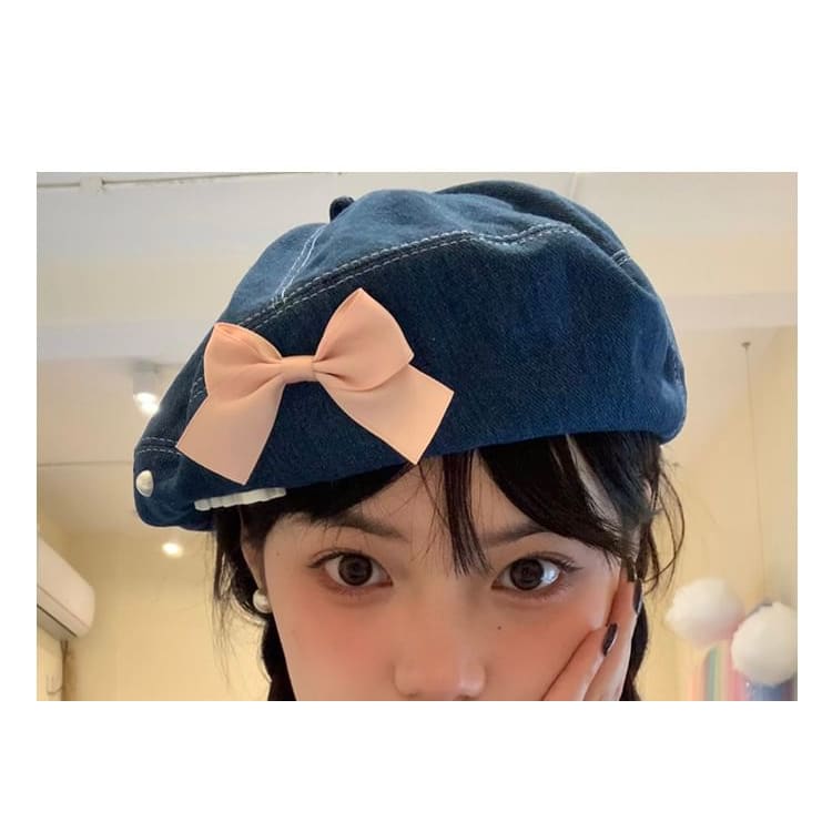 Ribbon Denim Beret Hat