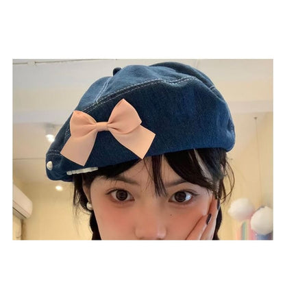 Ribbon Denim Beret Hat