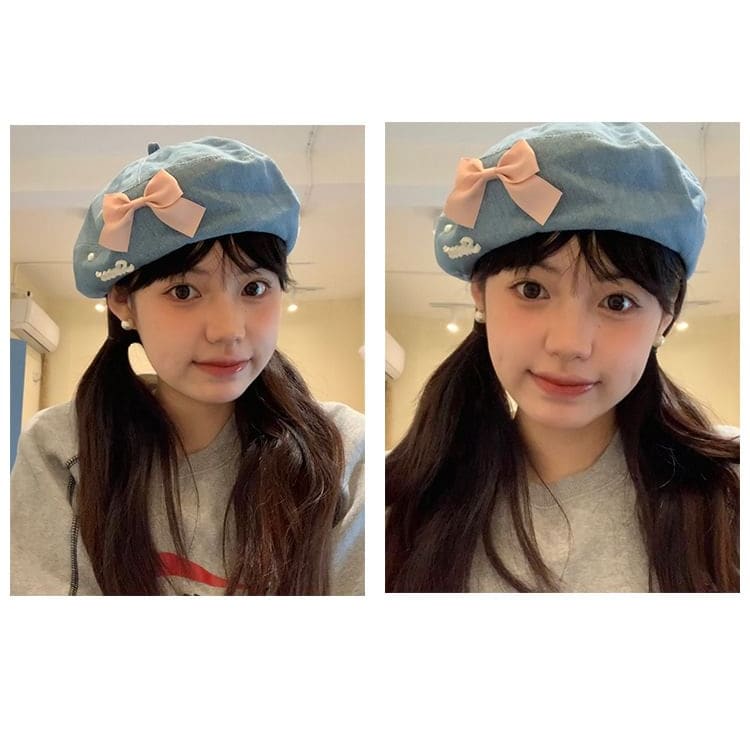 Ribbon Denim Beret Hat