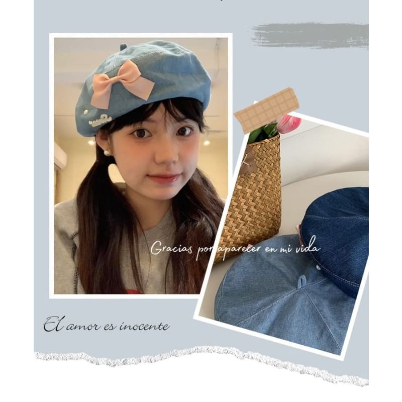 Ribbon Denim Beret Hat