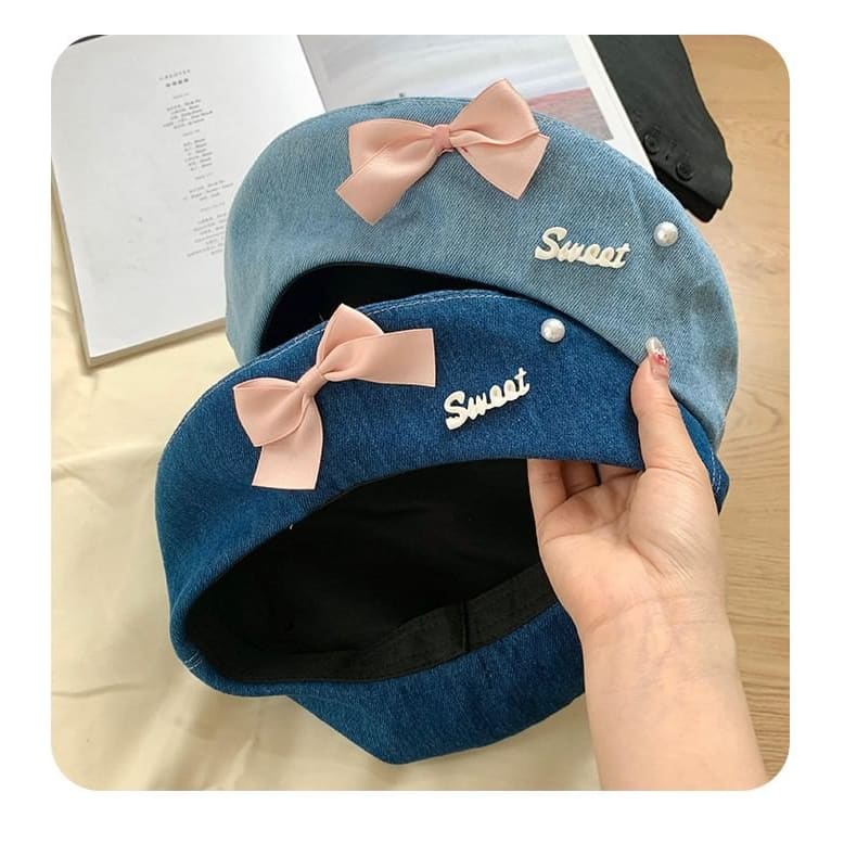 Ribbon Denim Beret Hat