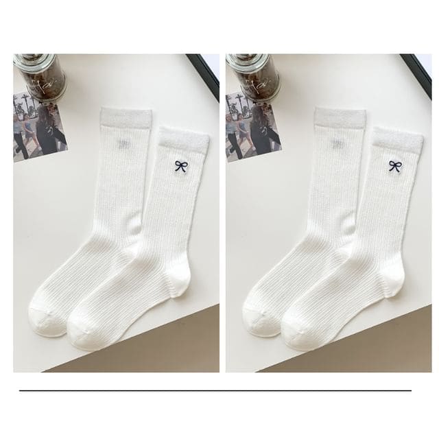 Ribbon Embroidery Socks Set - Set of 2 Pairs - White