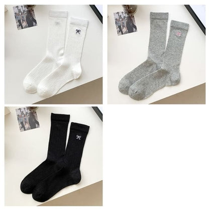 Ribbon Embroidery Socks Set - Set of 3 Pairs - White & Gray