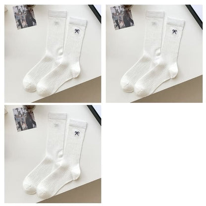 Ribbon Embroidery Socks Set - Set of 3 Pairs - White