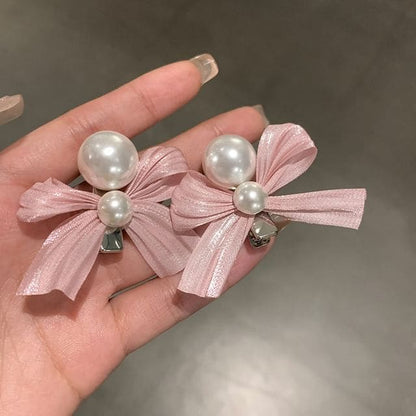 Ribbon Faux Pearl Hair Clip - 1 Pc - Pink / One Size